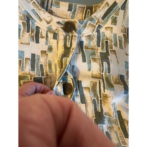 J Jill Jacket Womens Petite L Beige Blue Geo Print Silk Blazer Peplum Hem Boho - Picture 6 of 10